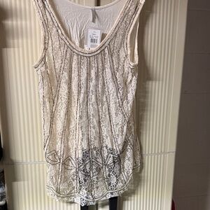 Vanity Cream Front Lace Sheer Tank with Beaded Trim